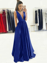 Exquisite Deep-v A-line Prom Dresses Satin Sweep Train Gowns JKU6317|Annapromdress