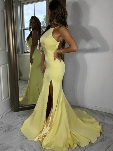 Delicate Jewel Mermaid Prom Dresses Satin Gowns With Slit JKU6312|Annapromdress