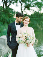 3/4 Sleeve A Line Modest Tulle Wedding Dress Sexy V Neck Rustic Wedding Dress Bridal Gown PIN7193|Annapromdress