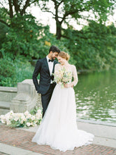 3/4 Sleeve A Line Modest Tulle Wedding Dress Sexy V Neck Rustic Wedding Dress Bridal Gown PIN7193|Annapromdress