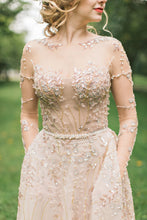 Charming Embroidery Long Sleeve A Line Wedding Dress with Sweep Train Sparkly Wedding Gown PIN7194|Annapromdress