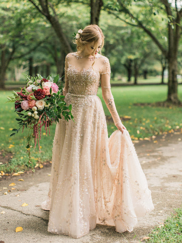 Charming Embroidery Long Sleeve A Line Wedding Dress with Sweep Train Anna PromDress Charming Embroidery Long Sleeve A Line Wedding Dress with Sweep Train Anna PromDress