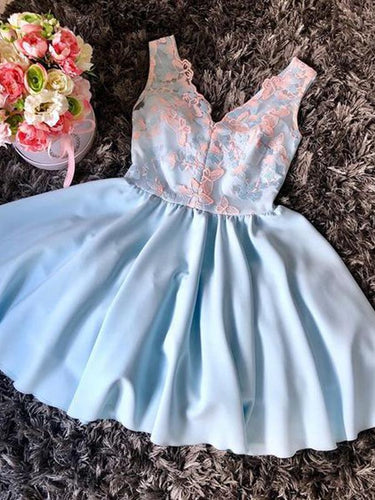 Peach Lace Pale Blue Satin V-neck Sleeveless Homecoming Dresses AN1206