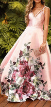 Pink Satin Floral Prints Spaghetti Strap A-Line Prom Dresses GJS430