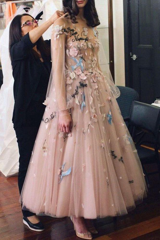 Princess A-Line Long Sleeve Blush Pink Tulle Prom Dresses with Embroidery Homecoming Dress NA5003|LOMNANPROM