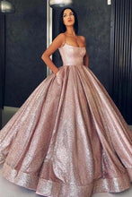 Princess Rose Gold Spaghetti Straps Sleeveless Ball Gown Prom Dress with Pockets NA5005|LOMANPROM