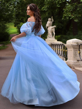 Baby Blue Princess Off-Shoulder Floral Tulle A-Line Long Prom Dress GJS434