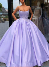 Purple Ball Gown Spaghetti Straps Satin Sweet 16 Dress With Pocket, Quinceanera Dress NA5004|LOMANPROM