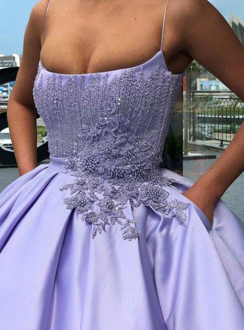 Purple Ball Gown Spaghetti Straps Satin Sweet 16 Dress With Pocket, Qu Anna PromDress Purple Ball Gown Spaghetti Straps Satin Sweet 16 Dress With Pocket, Qu Anna PromDress
