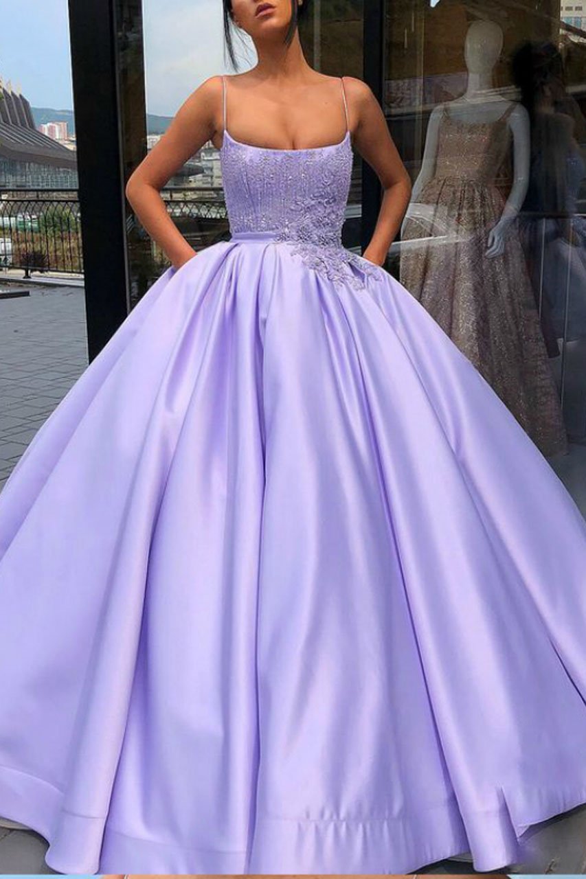 Purple Ball Gown Spaghetti Straps Satin Sweet 16 Dress With Pocket, Qu Anna PromDress Purple Ball Gown Spaghetti Straps Satin Sweet 16 Dress With Pocket, Qu Anna PromDress