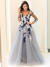 Blue Sheer Sleeves Appliques A-Line Princess Tulle Prom Dresses GJS149