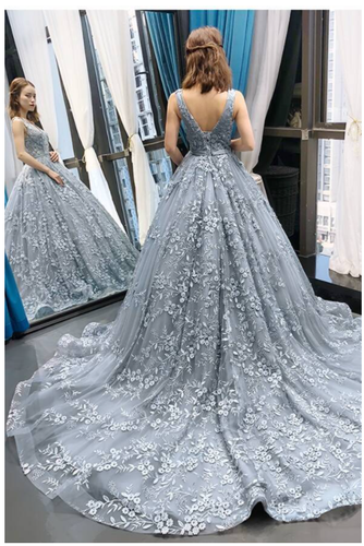 Gorgeous A-line Grey Lace Appliques Long Prom Gown Dress GJS272