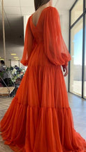 Long Sleeves Rustic Dress, Orange Tulle Dress, Simple Prom Evening Dress GJS310
