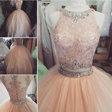 Elegant Lace Crop Top Pink Tulle Ball Gown Quinceanera Dresses Two Piece GJS396