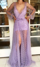 Luxurious Pearl Deep V neck Long Sleeve Prom Dresses with Slit Lavender Prom/Evening Dress SMT07215|Annapromdress