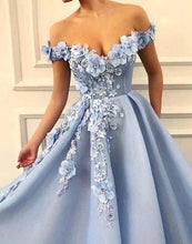 Blue Satin A-line Off-the-shoulder Lace Sweetheart 3D Flowers Prom Dresses GJS207