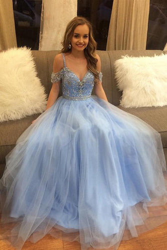 Gorgeous Blue Tulle A Line Puffy Beaded Long Prom Dress, Graduation Dress GJS181