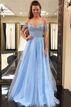 Gorgeous Blue Tulle A Line Puffy Beaded Long Prom Dress, Graduation Dress GJS181