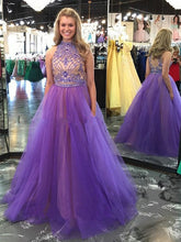 colorful prom dresses,Lilac A-line High Neck Floor-length Tulle Evening Dress Prom Dresses SP8237