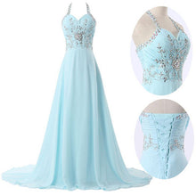 Light sky blue prom dress,2016 A-line Chiffon Straps Sweep Brush Train Chiffon Evening Dress Prom Dresses SP8489