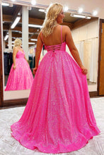 Shiny Hot Pink Sequins V Neck Backless Long Prom Dress GJS444