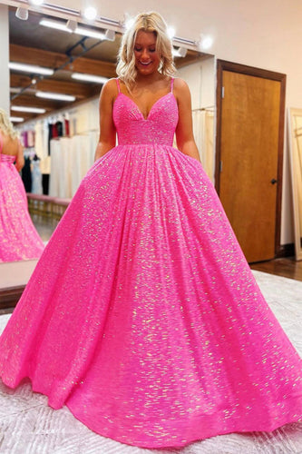 Shiny Hot Pink Sequins V Neck Backless Long Prom Dress GJS444