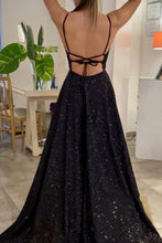 Shiny V Neck Backless Black Sparkly Long Prom Formal Dress GJS377