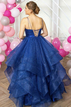 Shiny V Neck Backless Fluffy Blue Long Prom Formal Dress Ball Gown GJS332