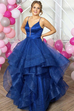 Shiny V Neck Backless Fluffy Blue Long Prom Formal Dress Ball Gown GJS332