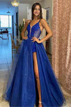 Shiny V Neck Blue Lace Long Prom Dress with High Slit, Sparkly Formal Dress GJS375