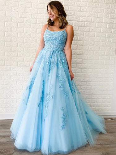 Sky Blue Tulle Appliques Scoop A-Line Long Prom Dress JKS8622