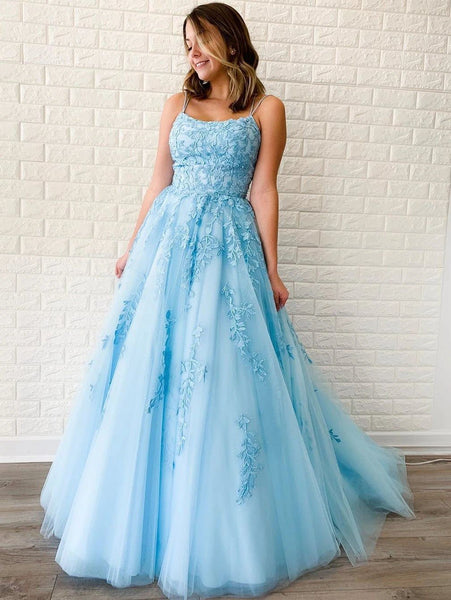 Sky Blue Tulle Appliques Scoop A-Line Long Prom Dress JKS8622