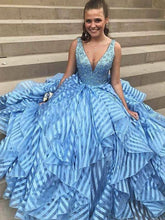 Sky Blue Beading Unique Organza Ball Gown Sleeveless Prom Dresses GJS220