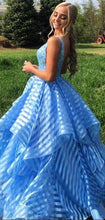 Sky Blue Beading Unique Organza Ball Gown Sleeveless Prom Dresses GJS220