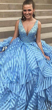 Sky Blue Beading Unique Organza Ball Gown Sleeveless Prom Dresses GJS220