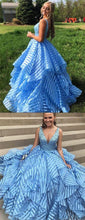 Sky Blue Beading Unique Organza Ball Gown Sleeveless Prom Dresses GJS220