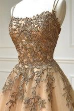 Spaghetti Straps Champagne Lace Tulle Long Prom Dress GJS696