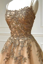 Spaghetti Straps Champagne Lace Tulle Long Prom Dress GJS696