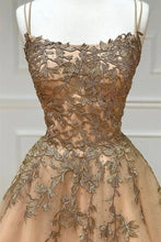 Spaghetti Straps Champagne Lace Tulle Long Prom Dress GJS696