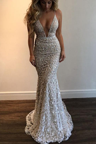 White Spaghetti Straps Deep V-neck Sleeveless Mermaid Long Prom Dress GJS248