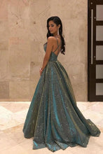 Sparkly Spaghetti Straps V Neck Prom Dress Backless Ball Gown GJS294