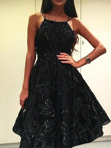 Sparkly Black Beading Lace Spaghetti Strap Backless Homecoming Dresses AN1205