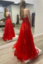 Strapless Red Tulle Long Prom Dress with Lace Appliques GJS706