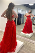Strapless Red Tulle Long Prom Dress with Lace Appliques GJS706