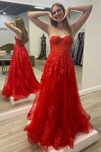 Strapless Red Tulle Long Prom Dress with Lace Appliques GJS706