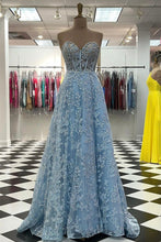 Sweetheart V Neck Blue Lace Appliques Long Prom Dress GJS448