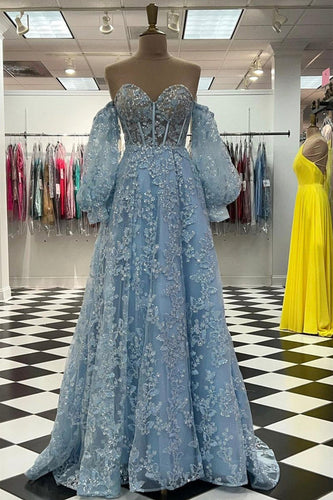Sweetheart V Neck Blue Lace Appliques Long Prom Dress GJS448