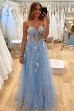 Sweetheart Neck Strapless Blue Lace Appliques Tulle Long Prom Dress GJS694
