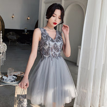 A Line V neck Beaded Silver Homecoming Dress with Straps Short Prom Dress,Party Dress TB334