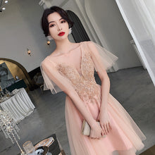 Chic Sequin Appliques Blush Cute Homecoming Dress with Sleeves Sexy V neck Short Prom Party Dress TB7331|Annapromdress